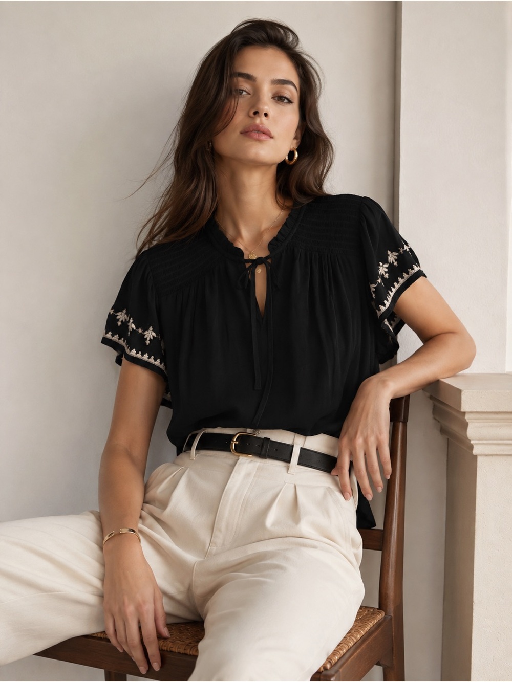 Rachel Zoe Black Embroidered Flutter Sleeve Blouse Size M NWT Boho Chic